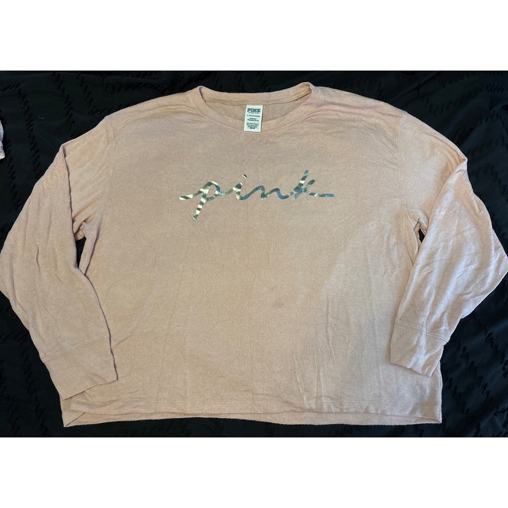 Victoria's Secret PINK Oversized Silver‎ Script Crewneck Fuzzy Sweatshirt, XL